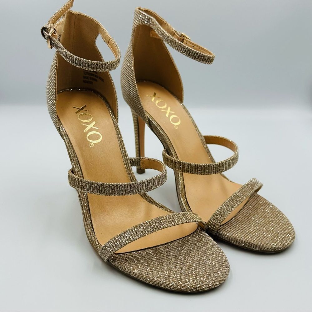 XOXO Bridgette Women's Gold Dressy Glitter Strappy Heels SZ 6.5 Wedding Party
